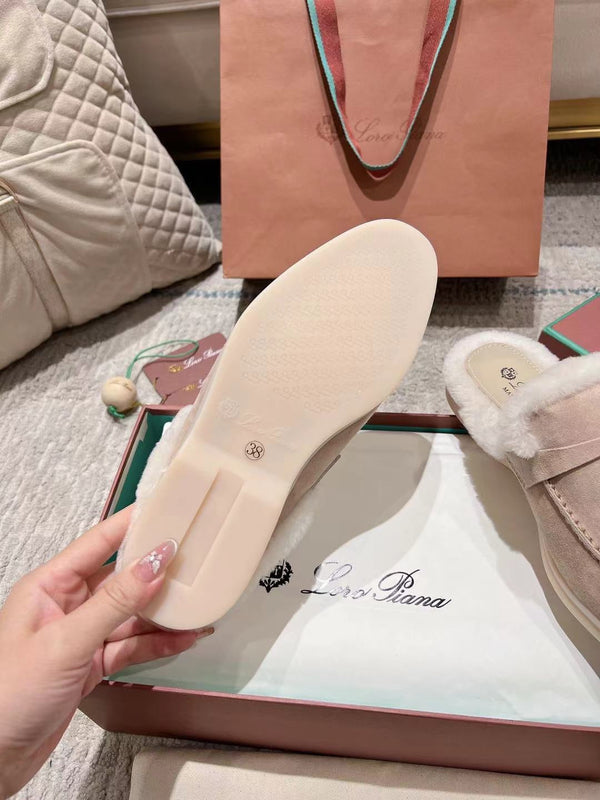 LP Charms Walk Babouche Loafer Light Brown Beige Mix White Suede With Rabbit Fur Lining 206237