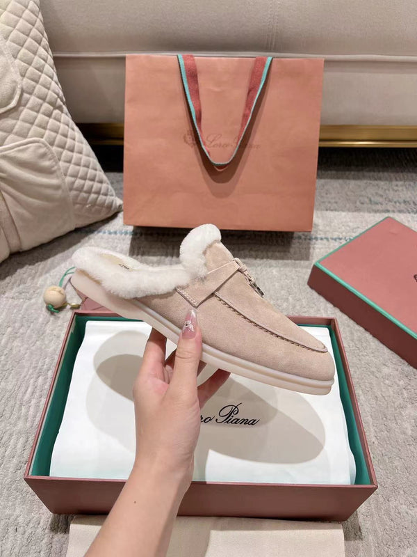 LP Charms Walk Babouche Loafer Light Brown Beige Mix White Suede With Rabbit Fur Lining 206237