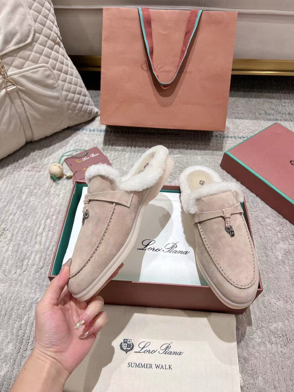 LP Charms Walk Babouche Loafer Light Brown Beige Mix White Suede With Rabbit Fur Lining 206237