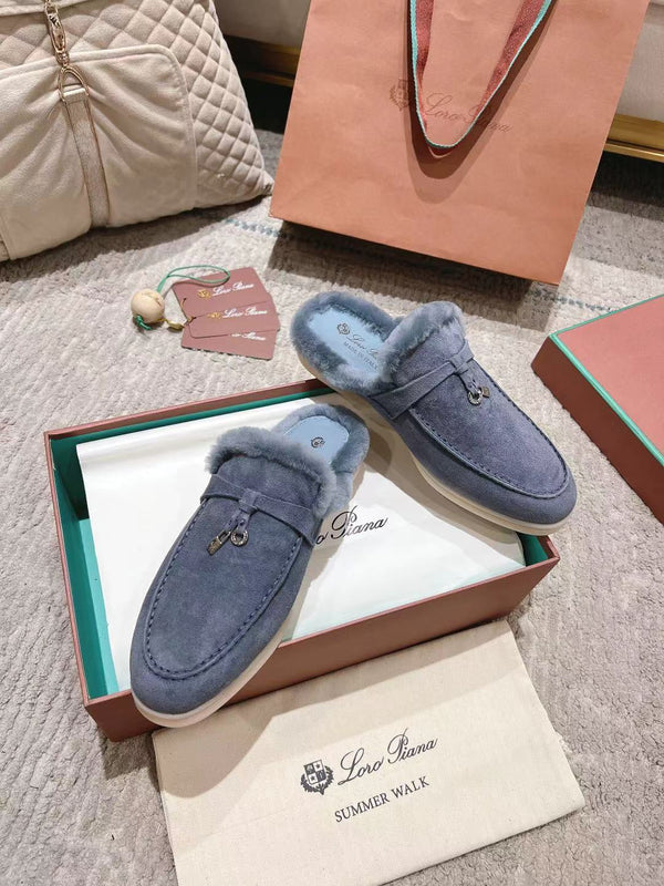 LP Charms Walk Babouche Loafer Pigeon Blue Suede With Rabbit Fur Lining 206238