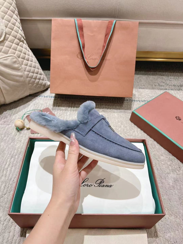 LP Charms Walk Babouche Loafer Pigeon Blue Suede With Rabbit Fur Lining 206238