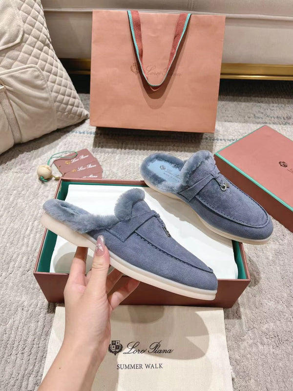 LP Charms Walk Babouche Loafer Pigeon Blue Suede With Rabbit Fur Lining 206238