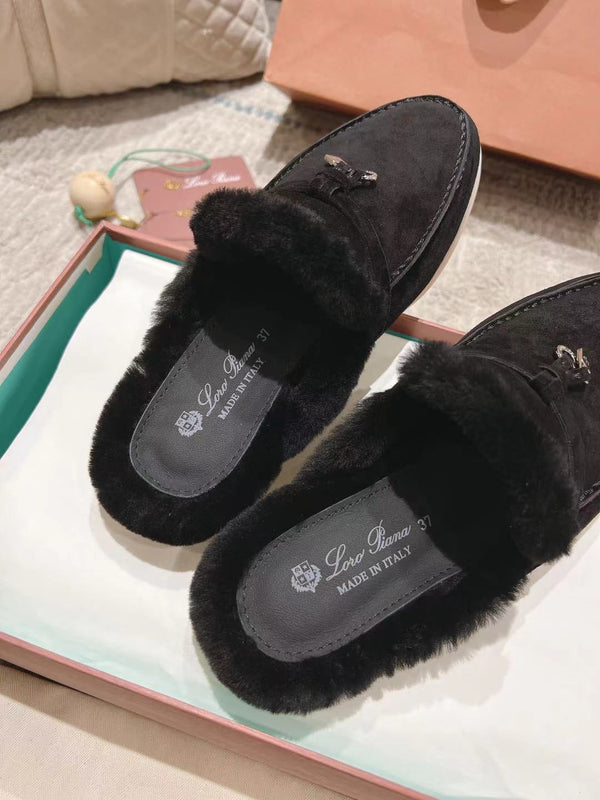 Mocassino LP Charms Walk Babouche in pelle scamosciata nera con fodera in pelliccia di coniglio 206239