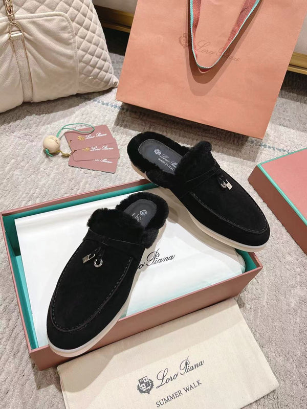 Mocassino LP Charms Walk Babouche in pelle scamosciata nera con fodera in pelliccia di coniglio 206239