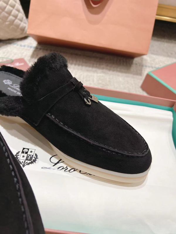 Mocassino LP Charms Walk Babouche in pelle scamosciata nera con fodera in pelliccia di coniglio 206239