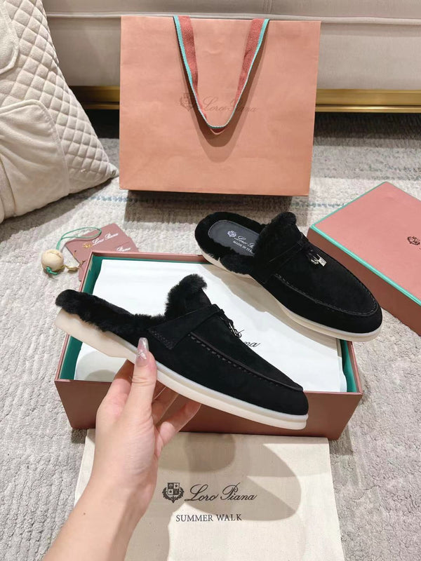 Mocassino LP Charms Walk Babouche in pelle scamosciata nera con fodera in pelliccia di coniglio 206239