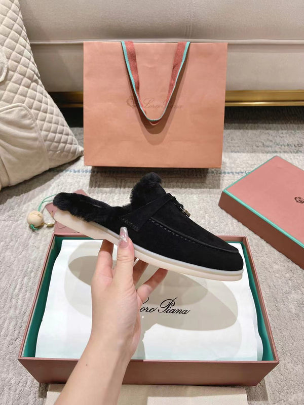 Mocassino LP Charms Walk Babouche in pelle scamosciata nera con fodera in pelliccia di coniglio 206239