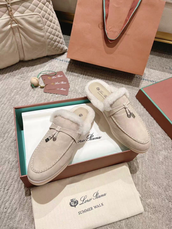 Mocassino LP Charms Walk Babouche in pelle scamosciata bianca con fodera in pelliccia di coniglio, color crema, 206243