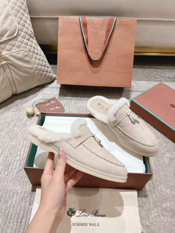 Mocassino LP Charms Walk Babouche in pelle scamosciata bianca con fodera in pelliccia di coniglio, color crema, 206243