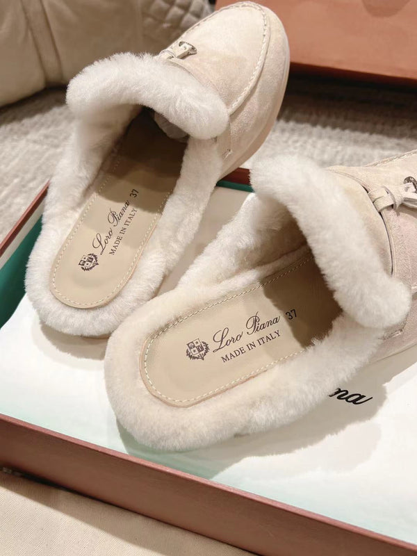 Mocassino LP Charms Walk Babouche in pelle scamosciata bianca con fodera in pelliccia di coniglio, color crema, 206243