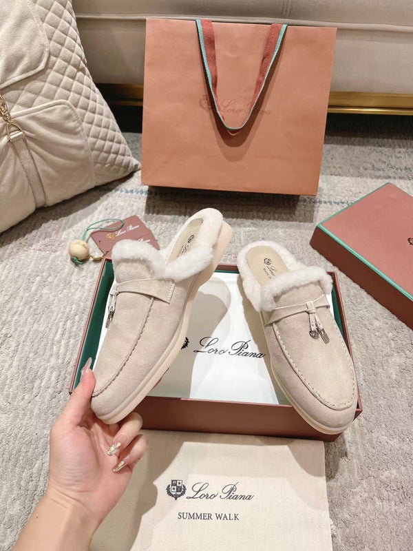 Mocassino LP Charms Walk Babouche in pelle scamosciata bianca con fodera in pelliccia di coniglio, color crema, 206243