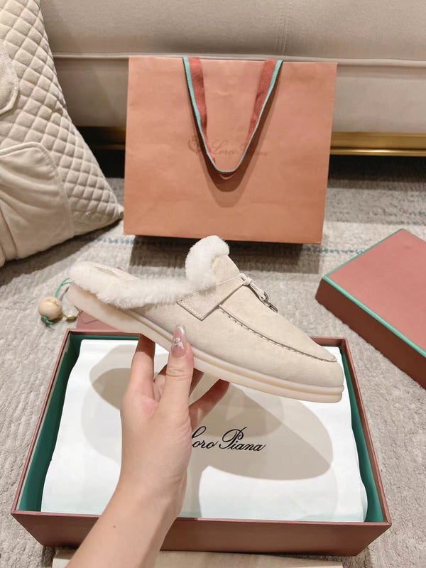 Mocassino LP Charms Walk Babouche in pelle scamosciata bianca con fodera in pelliccia di coniglio, color crema, 206243