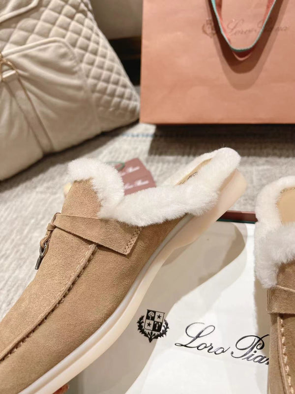 Mocassino LP Charms Walk Babouche in pelle scamosciata giallo pesca con fodera in pelliccia di coniglio 206244