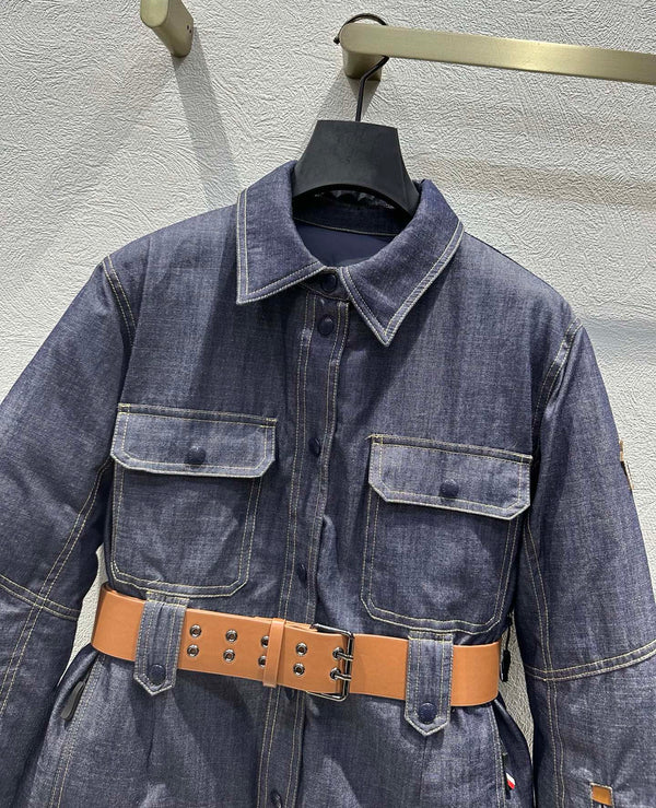 Moncler 2025 Grenoble Daintree Hooded Jacket With Belt Blue Denim Down