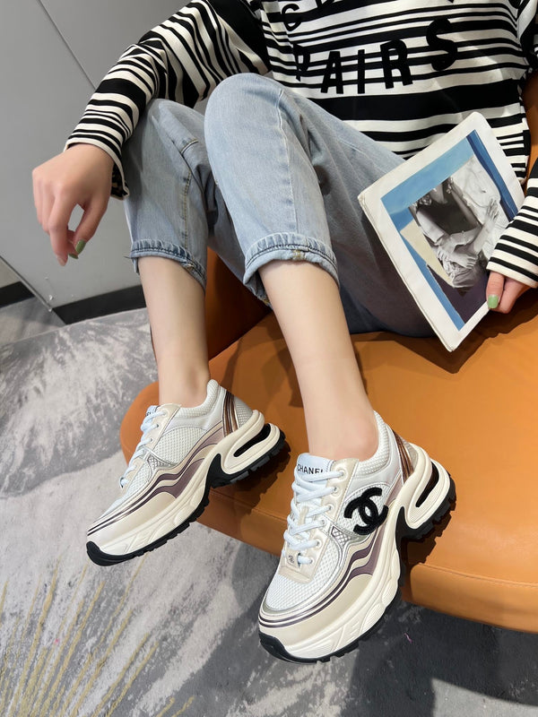 cc trainer black beige calfskin white mesh