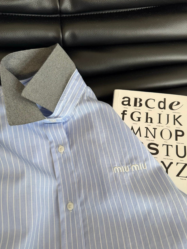 Miu Miu 25 Knitted Collar Patchwork Striped Shirt Blue Gray Cotton