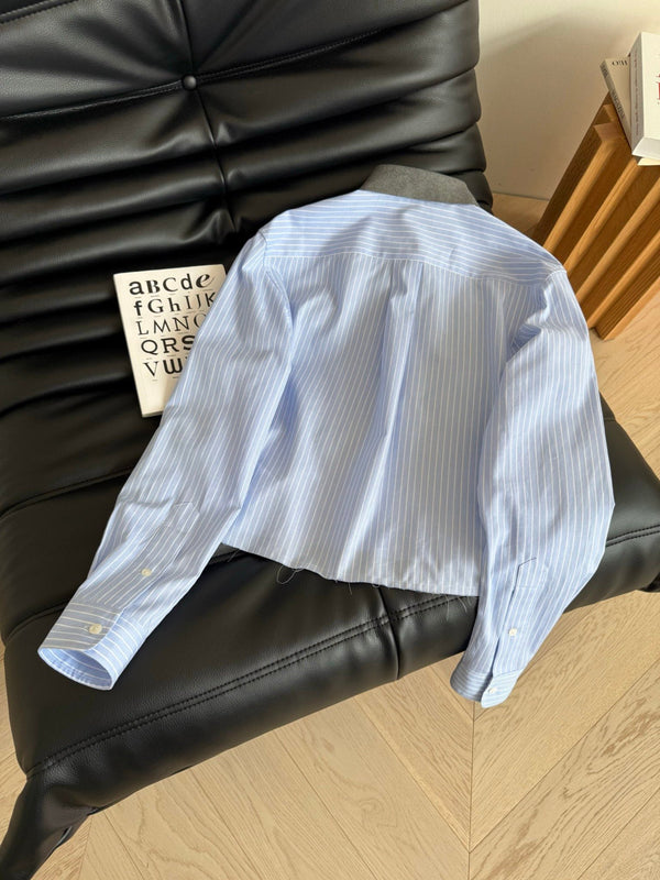 Miu Miu 25 Knitted Collar Patchwork Striped Shirt Blue Gray Cotton