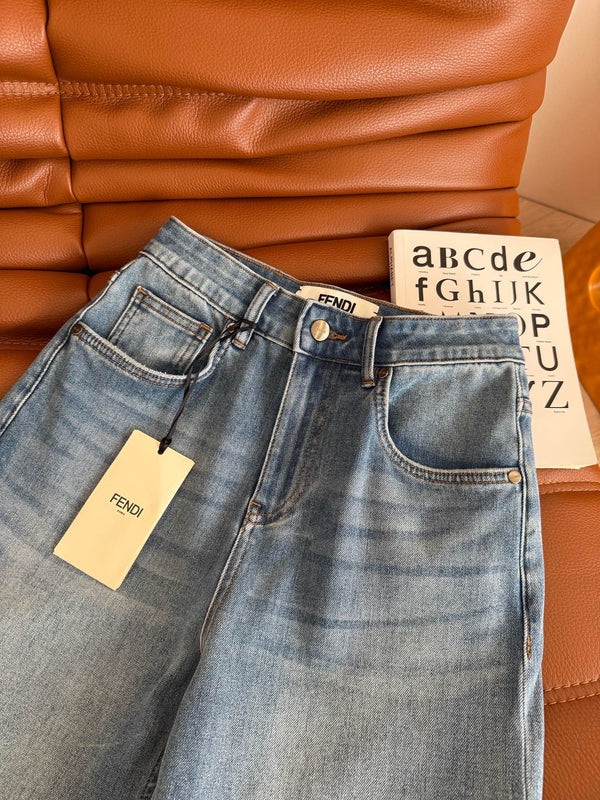 Fendi 25 Colorful Yarn Embroidered Letter Jeans Blue Cotton