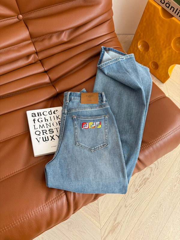 Fendi 25 Colorful Yarn Embroidered Letter Jeans Blue Cotton