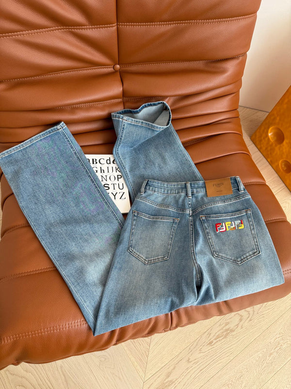Fendi 25 Colorful Yarn Embroidered Letter Jeans Blue Cotton