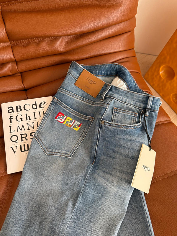 Fendi 25 Colorful Yarn Embroidered Letter Jeans Blue Cotton