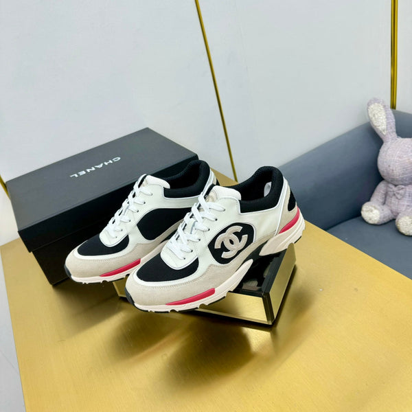 cc womens sneaker in black wool tweed and white beige suede calfskin 137573