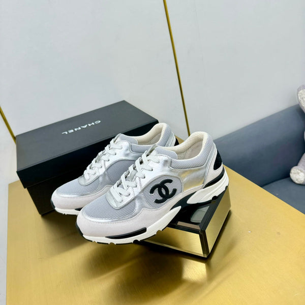 cc womens sneaker in grey wool tweed silver calfskin and beige suede calfskin 137575