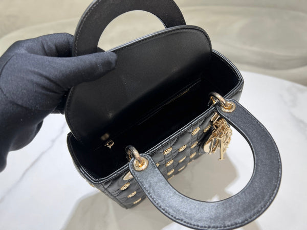 CD Lady Dior Black Cannage Lambskin with Gold-Finish Butterfly Studs