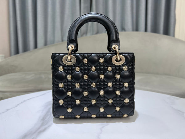 CD Lady Dior Black Cannage Lambskin with Gold-Finish Butterfly Studs