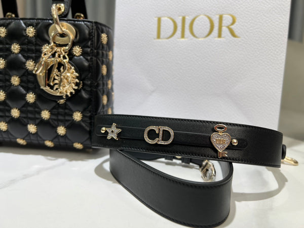CD Lady Dior Black Cannage Lambskin with Gold-Finish Butterfly Studs