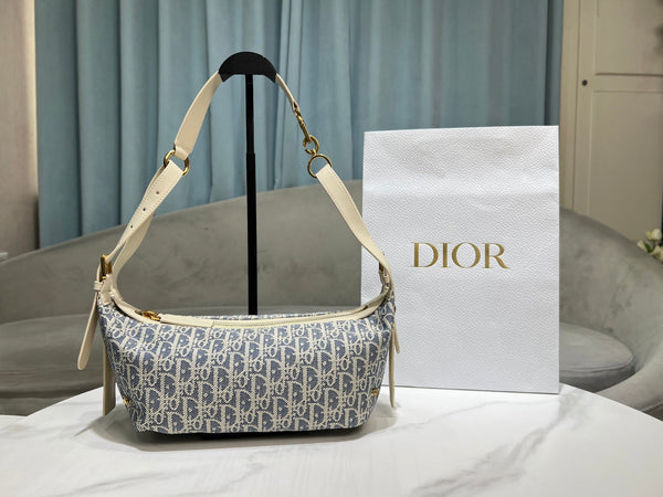 CD Jacquard Hobo Bag 26 With Chain Blue White Canvas