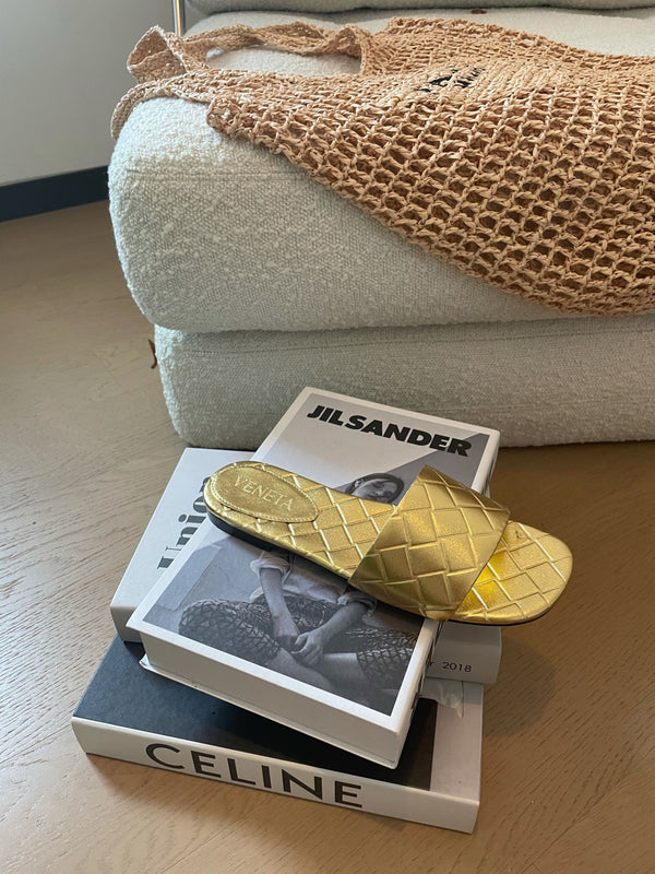 amy flat mule gold metalic lambskin