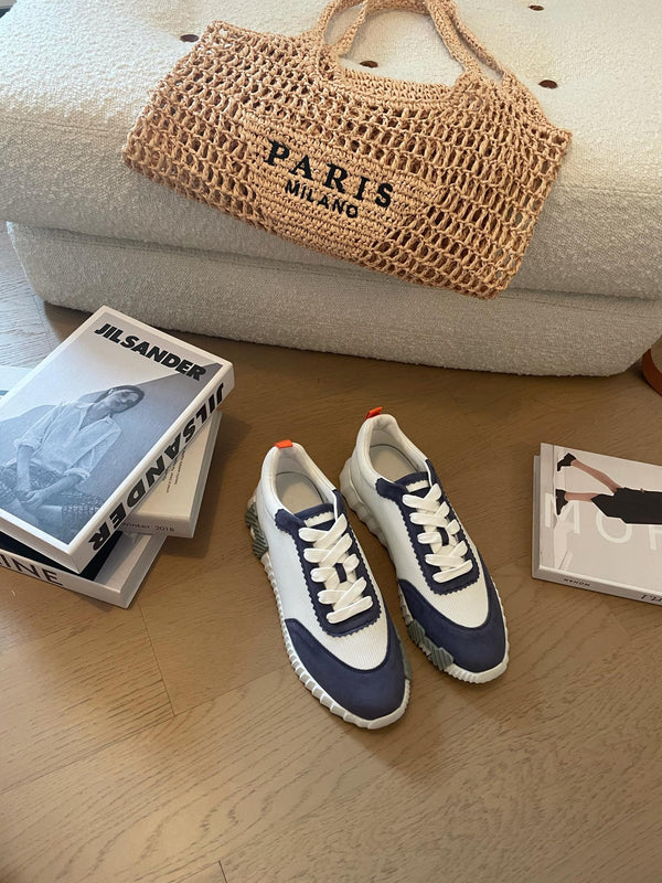 HM Bouncing 35 Sneakers White Canvas Blue Suede Goatskin Orange H Seafoam