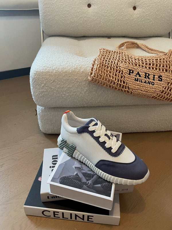 HM Bouncing 35 Sneakers White Canvas Blue Suede Goatskin Orange H Seafoam