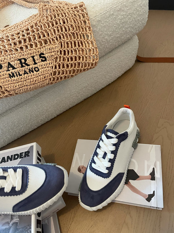 HM Bouncing 35 Sneakers White Canvas Blue Suede Goatskin Orange H Seafoam