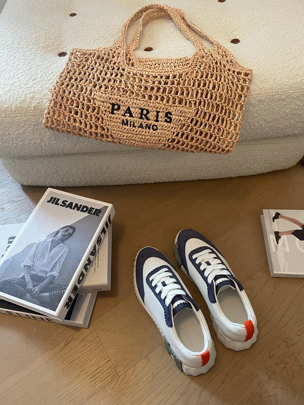 HM Bouncing 35 Sneakers White Canvas Blue Suede Goatskin Orange H Seafoam