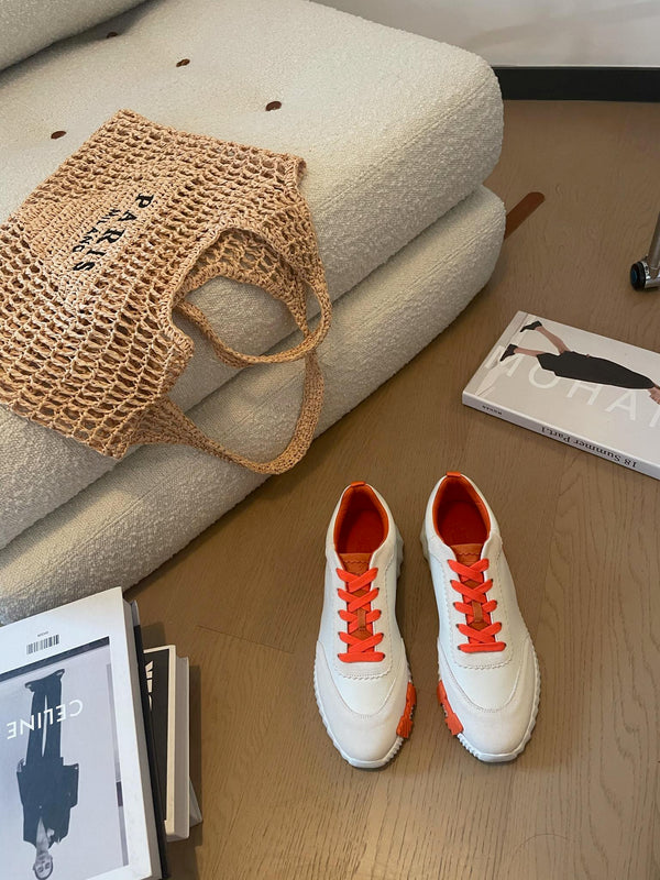 BOUNCING SNEAKERS WHITE CALFSKIN WITH ORANGE LACES