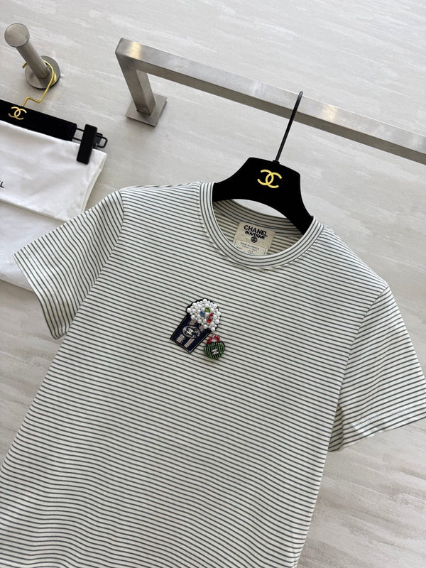 CC Beaded T-shirt Gray White Cotton
