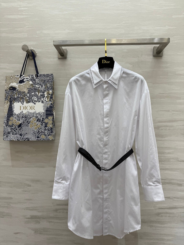 CD Belt Shirt Dress White cotton