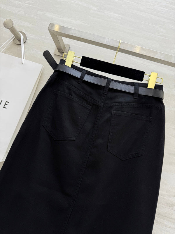 Celine 25 Denim Skirt with Logo Belt Black Cotton