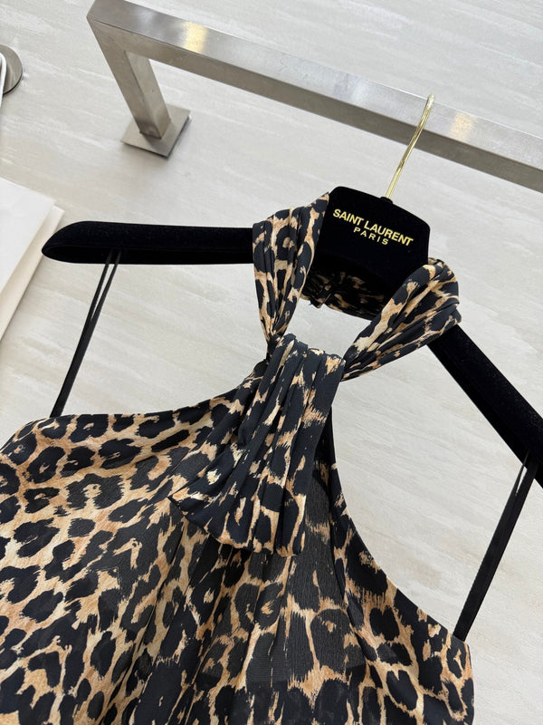 YSL 25 Halter-neck Suspender Vest Leopard Silk