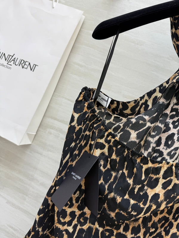 YSL 25 Halter-neck Suspender Vest Leopard Silk