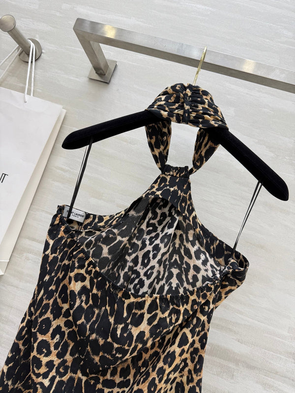 YSL 25 Halter-neck Suspender Vest Leopard Silk