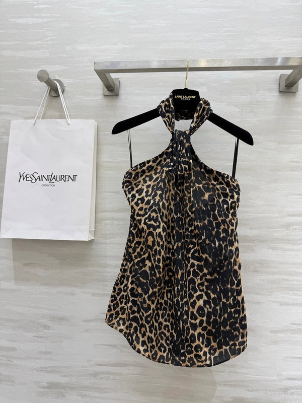 YSL 25 Halter-neck Suspender Vest Leopard Silk