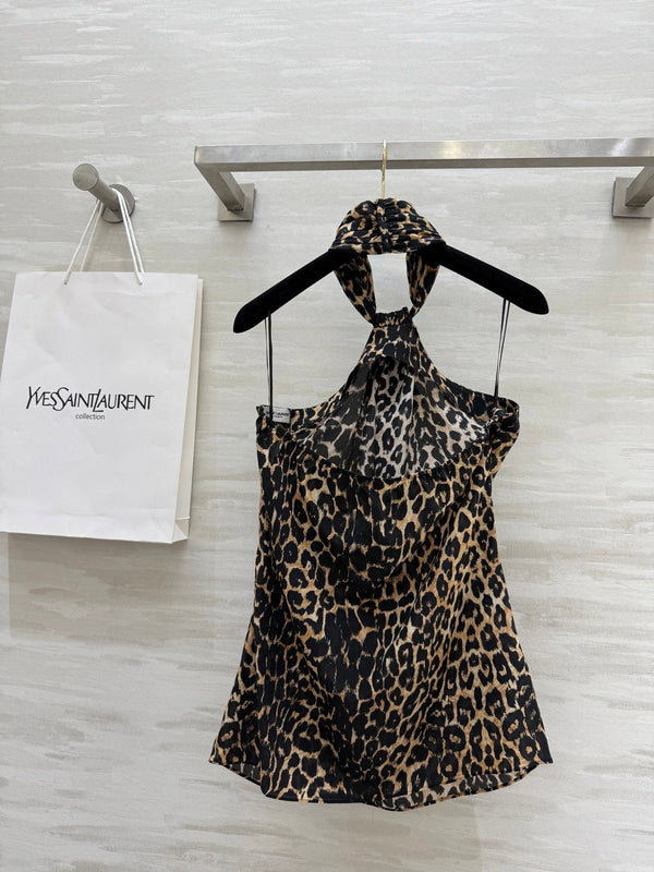 YSL 25 Halter-neck Suspender Vest Leopard Silk