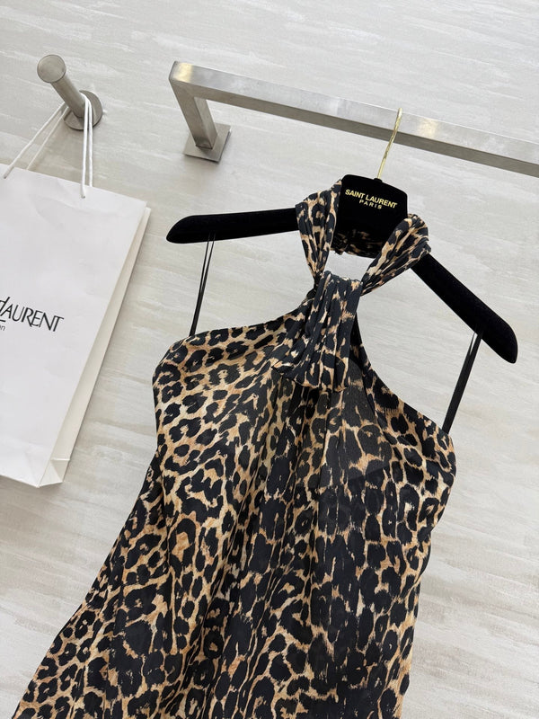 YSL 25 Halter-neck Suspender Vest Leopard Silk