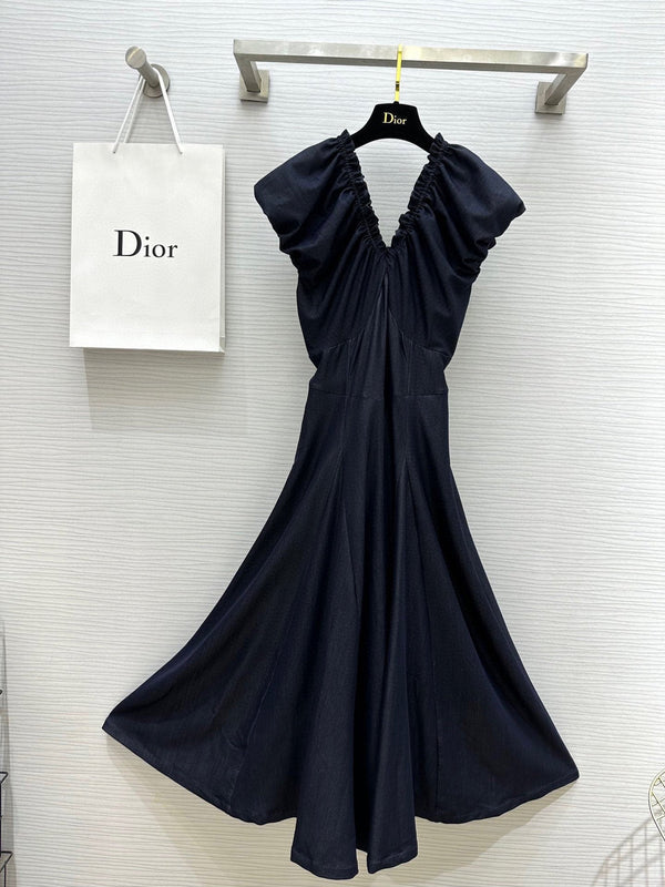 CD 25 V-neck Puff Sleeve Dress black Satin Silk