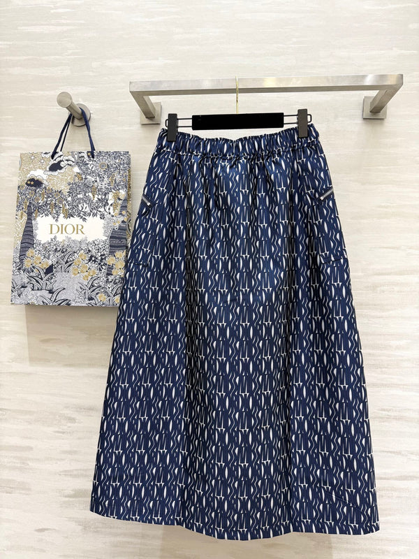 CD 2025 Letter Long Skirt Blue Jacquard Canvas