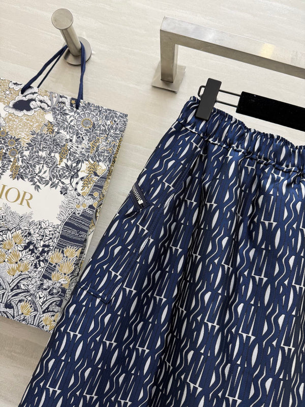 CD 2025 Letter Long Skirt Blue Jacquard Canvas