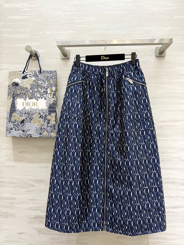 CD 2025 Letter Long Skirt Blue Jacquard Canvas